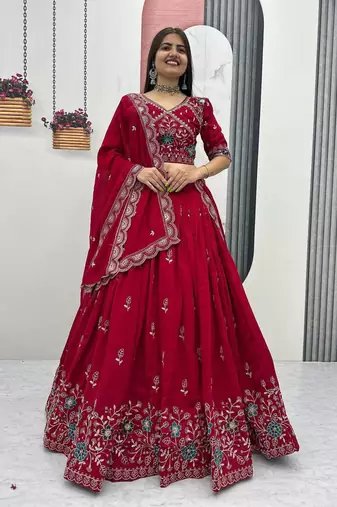 Red Vichitra silk lehenga choli set featuring intricate sequins and thread embroidery