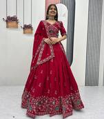Red Vichitra silk lehenga choli set featuring intricate sequins and thread embroidery