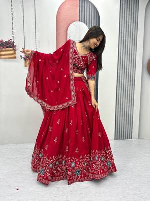 Red Vichitra silk lehenga choli set featuring intricate sequins and thread embroidery 2