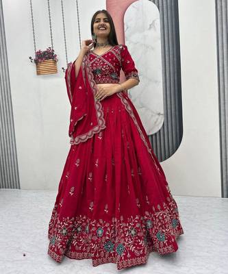 Red Vichitra silk lehenga choli set featuring intricate sequins and thread embroidery 4