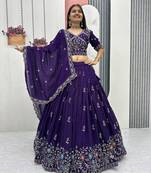 Violet Vichitra silk lehenga choli set featuring intricate sequins and thread embroidery