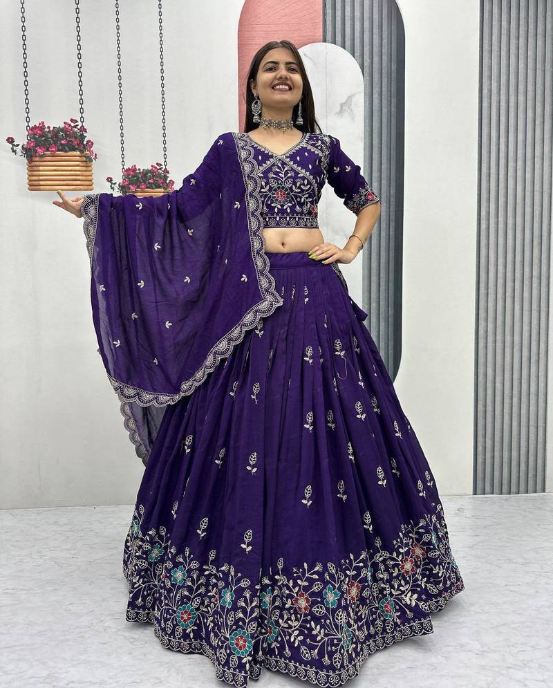 Violet Vichitra silk lehenga choli set featuring intricate sequins and thread embroidery