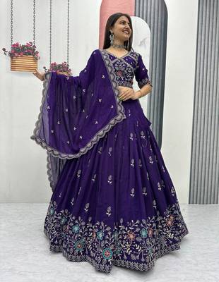 Violet Vichitra silk lehenga choli set featuring intricate sequins and thread embroidery 2