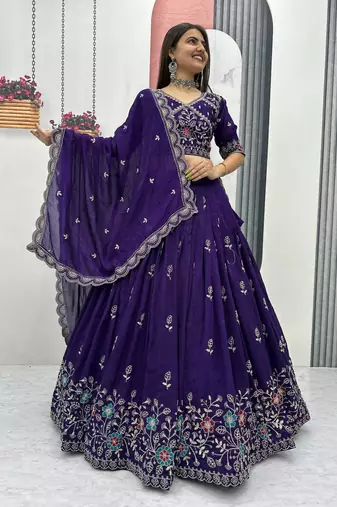 Violet Vichitra silk lehenga choli set featuring intricate sequins and thread embroidery