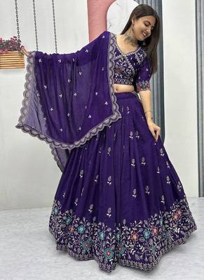 Violet Vichitra silk lehenga choli set featuring intricate sequins and thread embroidery 3