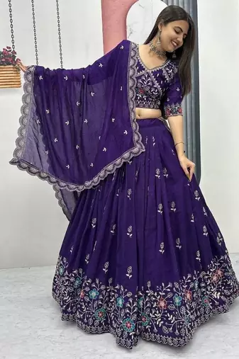 Violet Vichitra silk lehenga choli set featuring intricate sequins and thread embroidery