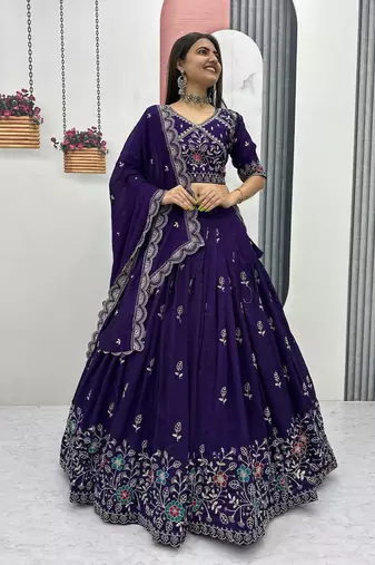 Violet Vichitra silk lehenga choli set featuring intricate sequins and thread embroidery