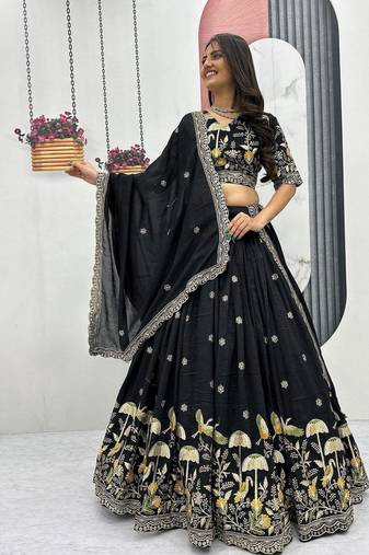 Black Vichitra silk lehenga choli set featuring intricate sequins and thread embroidery