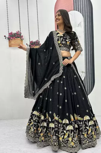 Black Vichitra silk lehenga choli set featuring intricate sequins and thread embroidery