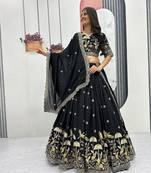 Black Vichitra silk lehenga choli set featuring intricate sequins and thread embroidery