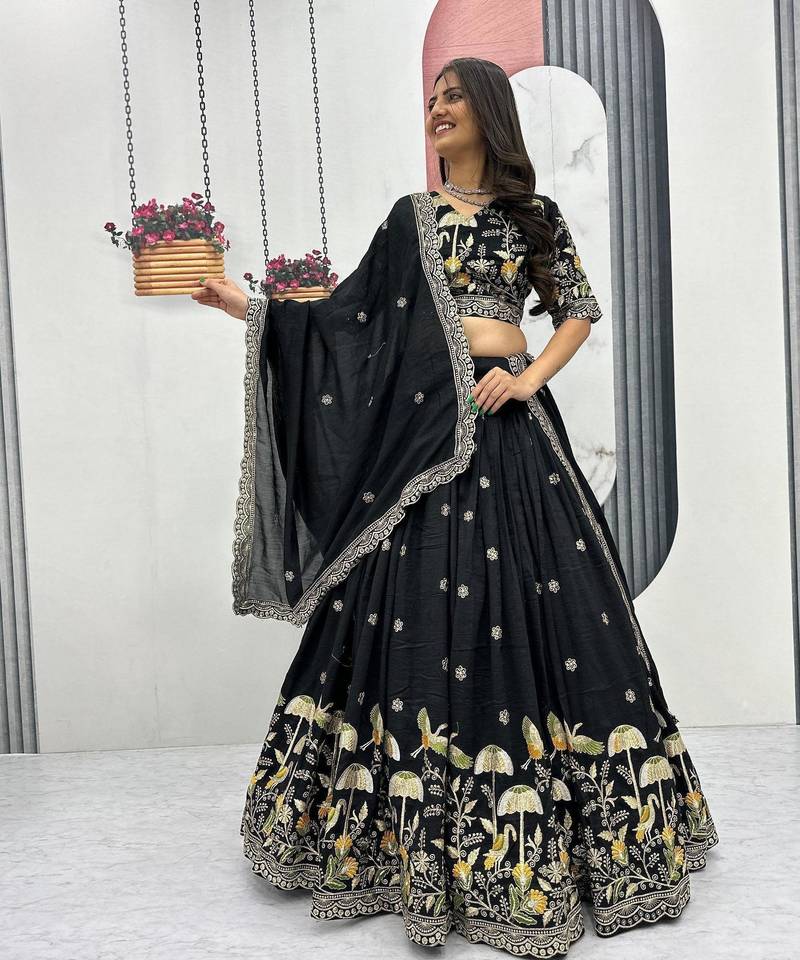 Black Vichitra silk lehenga choli set featuring intricate sequins and thread embroidery