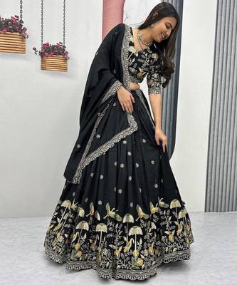 Black Vichitra silk lehenga choli set featuring intricate sequins and thread embroidery 2