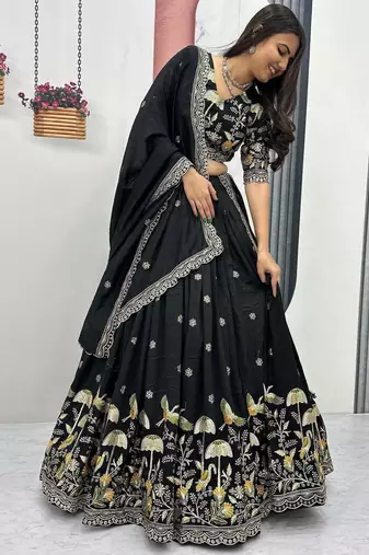 Black Vichitra silk lehenga choli set featuring intricate sequins and thread embroidery