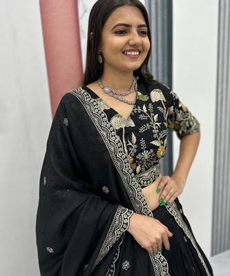 Black Vichitra silk lehenga choli set featuring intricate sequins and thread embroidery 4