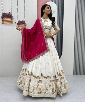 White Vichitra silk lehenga choli set featuring intricate sequins and thread embroidery 2