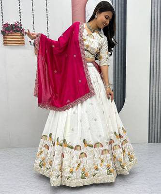 White Vichitra silk lehenga choli set featuring intricate sequins and thread embroidery 3