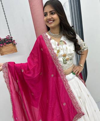 White Vichitra silk lehenga choli set featuring intricate sequins and thread embroidery 4