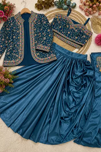 Teal Color Embroidery Multi Thread And Sequence Work Satin Saree