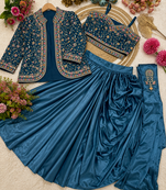 Teal Color Embroidery Multi Thread And Sequence Work Satin Saree
