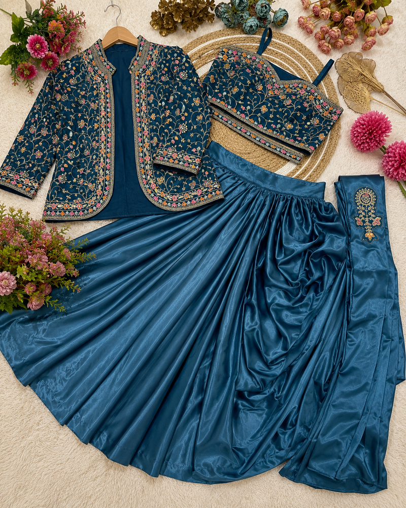 Teal Color Embroidery Multi Thread And Sequence Work Satin Saree
