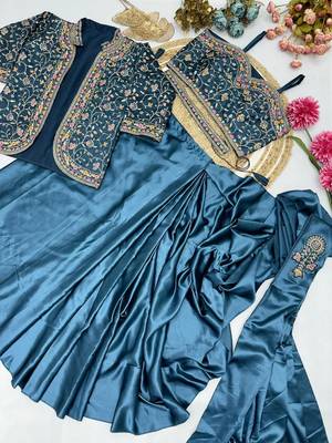 Teal Color Embroidery Multi Thread And Sequence Work Satin Saree 2