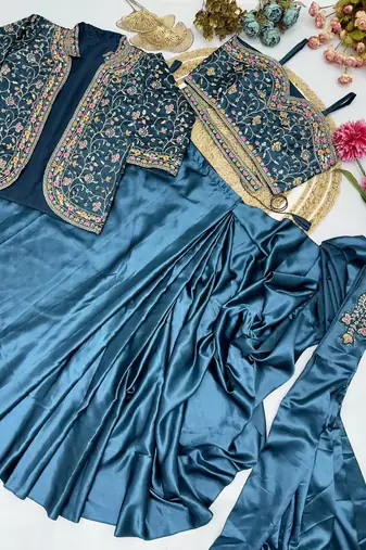 Teal Color Embroidery Multi Thread And Sequence Work Satin Saree
