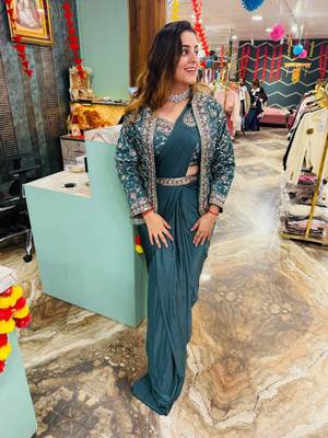 Teal Color Embroidery Multi Thread And Sequence Work Satin Saree 3