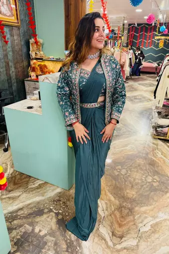Teal Color Embroidery Multi Thread And Sequence Work Satin Saree