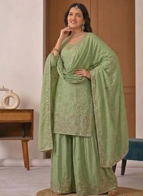 Green crep silk  party wear embroidery  sharara suit set 3