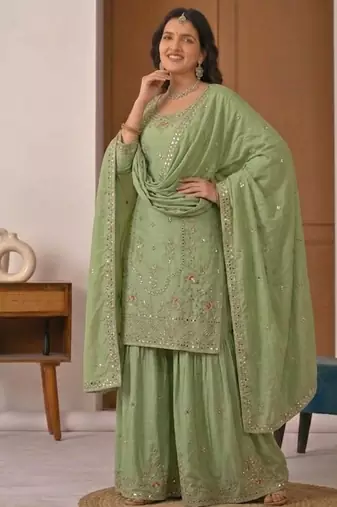 Green crep silk  party wear embroidery  sharara suit set