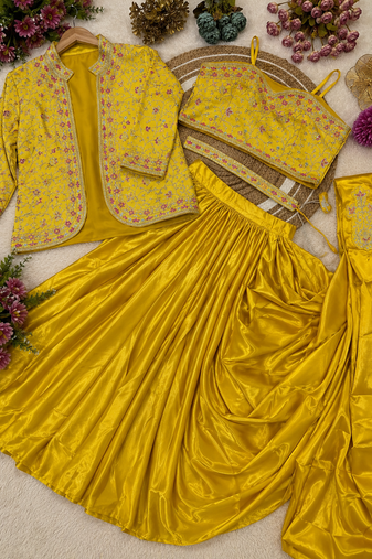 Yellow Color Embroidery Multi Thread And Sequence Work Satin Saree