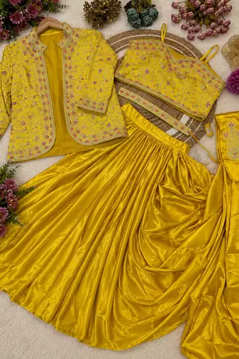 Yellow Color Embroidery Multi Thread And Sequence Work Satin Saree