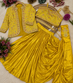 Yellow Color Embroidery Multi Thread And Sequence Work Satin Saree