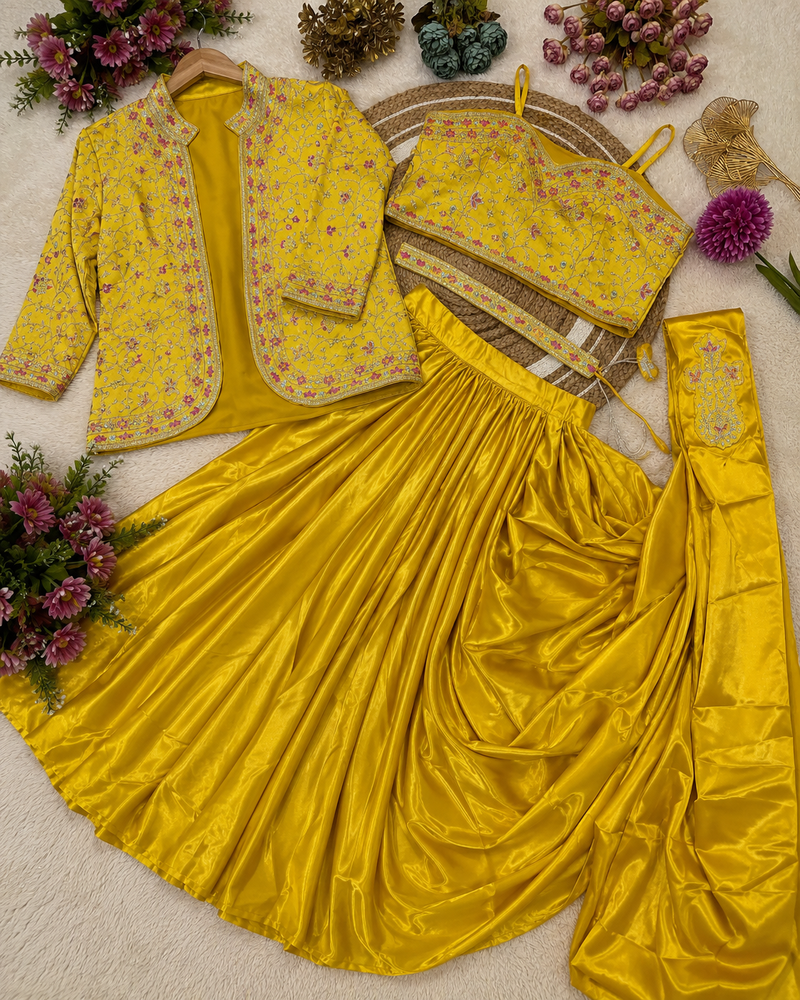 Yellow Color Embroidery Multi Thread And Sequence Work Satin Saree