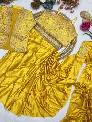 Yellow Color Embroidery Multi Thread And Sequence Work Satin Saree 2