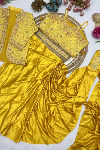 Yellow Color Embroidery Multi Thread And Sequence Work Satin Saree