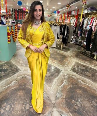 Yellow Color Embroidery Multi Thread And Sequence Work Satin Saree 3