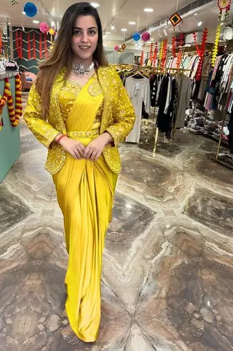 Yellow Color Embroidery Multi Thread And Sequence Work Satin Saree