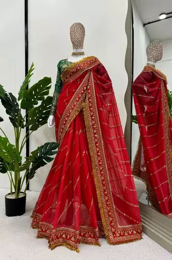 Red Color Embroidery And Sequence Work Organza Saree