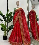 Red Color Embroidery And Sequence Work Organza Saree