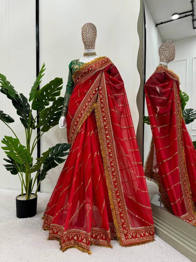 Red Color Embroidery And Sequence Work Organza Saree