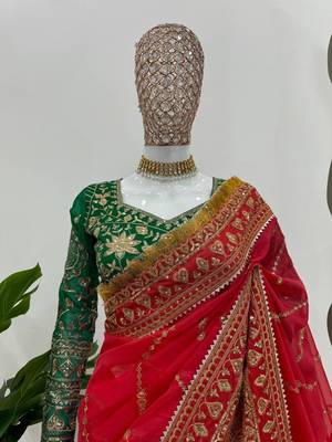 Red Color Embroidery And Sequence Work Organza Saree 2