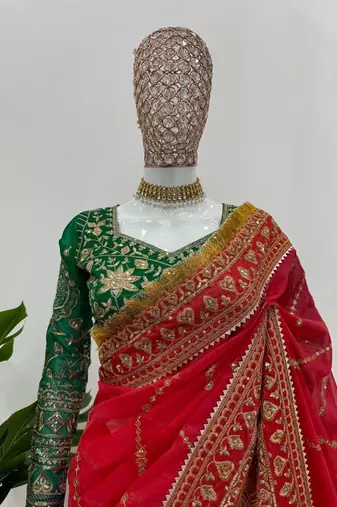 Red Color Embroidery And Sequence Work Organza Saree