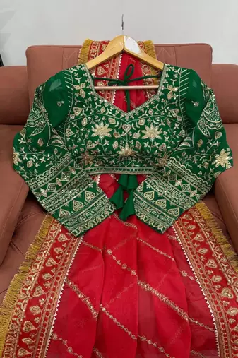 Red Color Embroidery And Sequence Work Organza Saree