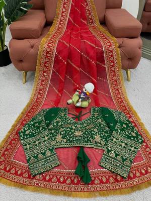 Red Color Embroidery And Sequence Work Organza Saree 4