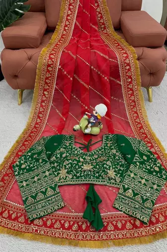 Red Color Embroidery And Sequence Work Organza Saree