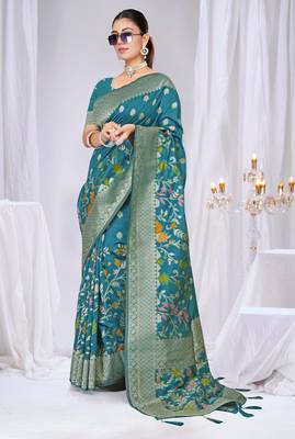  Teal silk blend Saree with Zari & Floral Thread Work 1