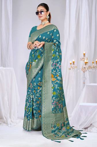  Teal silk blend Saree with Zari & Floral Thread Work
