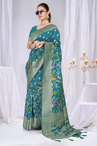  Teal silk blend Saree with Zari & Floral Thread Work