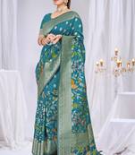  Teal silk blend Saree with Zari & Floral Thread Work